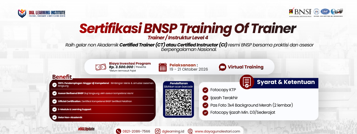 Cetak Instruktur Andal Berstandar Nasional, DGL Learning Institute Gelar Pelatihan & Sertifikasi TOT Level 4 pada 19–21 Oktober 2026